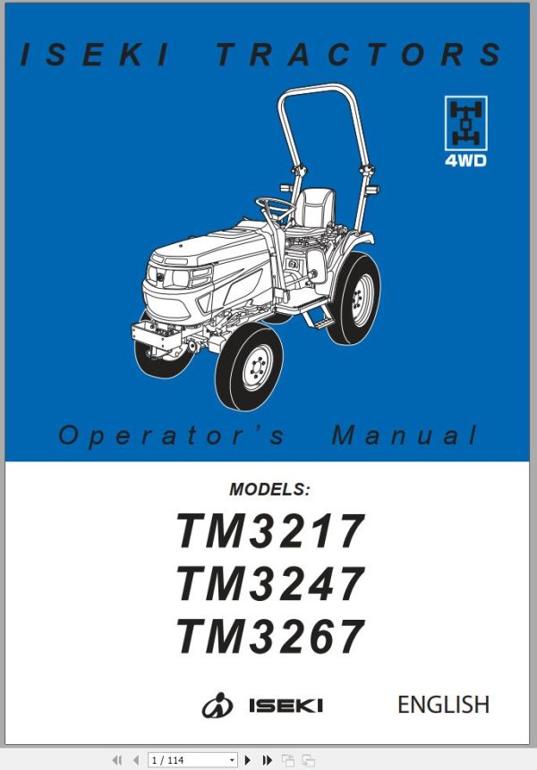 Iseki Tractor TM3217 TM3247 TM3267 Operators Manual and Diagram 1774 912 102 00 EN 1