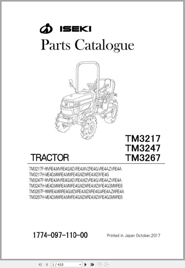 Iseki Tractor TM3217 TM3247 TM3267 Parts Catalog 1774 097 110 00 1