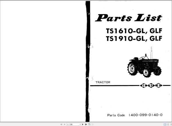 Iseki Tractor TS1610 GL GLF TS1910 GL GLF Parts List 1400 099 0140 0 1
