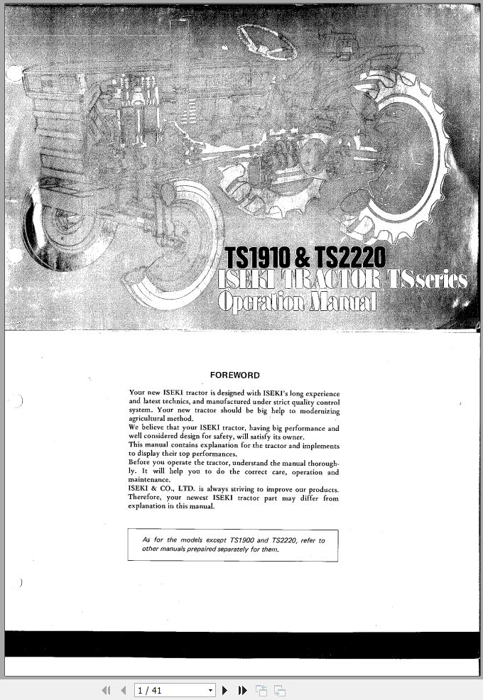 Iseki Tractor TS1910 TS2220 Operators Manual and Diagram 1