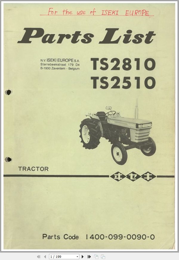 Iseki Tractor TS2810 TS2510 Parts List 1400 099 0090 0 1