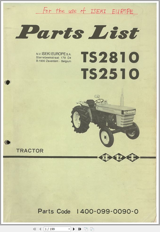 Iseki Tractor TS2810 TS2510 Parts List 140009900900