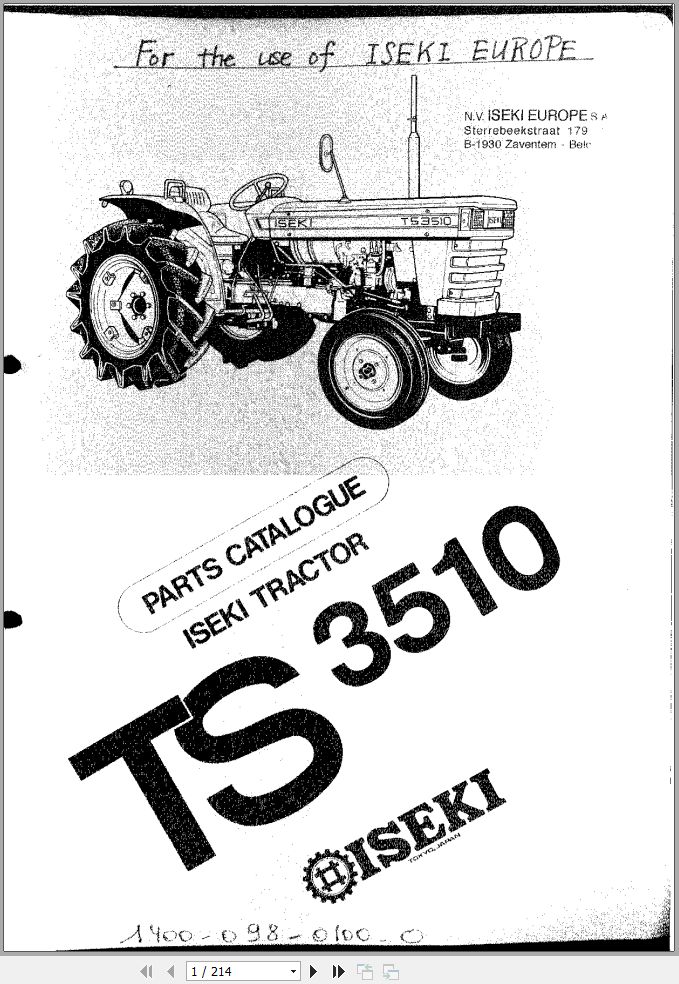 Iseki Tractor TS3510 Parts Catalog 1400 098 0100 0 1