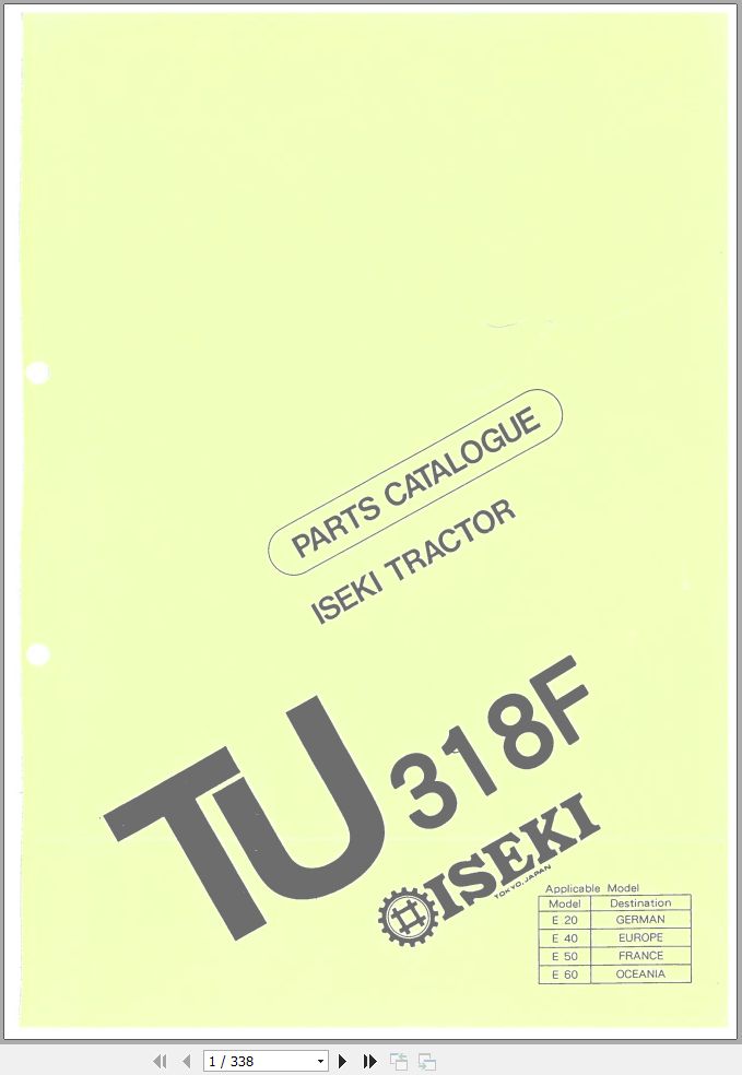 Iseki Tractor TU318F Parts Catalog 1602 098 100 00 1