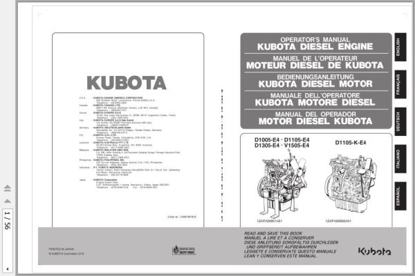 Kubota Diesel Engine D1005 E4 to D1105 K E4 Operators Manual 1J095 8916 8 1 rotated