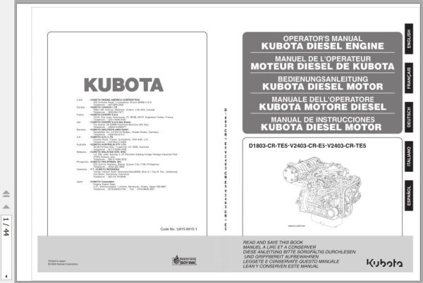 Kubota Diesel Engine D1803 CR TE5 V2403 CR E5 V2403 CR TE5 Operators Manual 1J915 8915 1 1 rotated