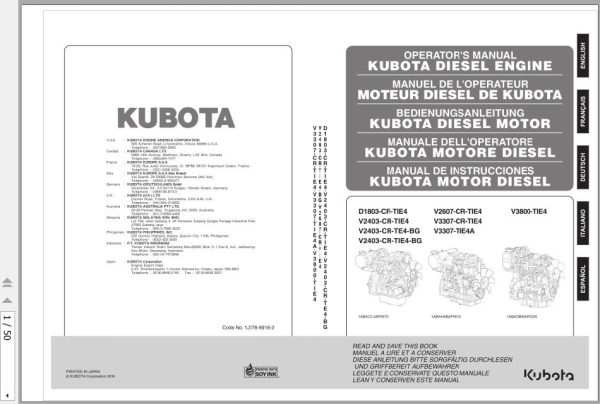 Kubota Diesel Engine D1803 CR TIE4 to V3800 TIE4 Operators Manual 1J778 8916 2 1 rotated