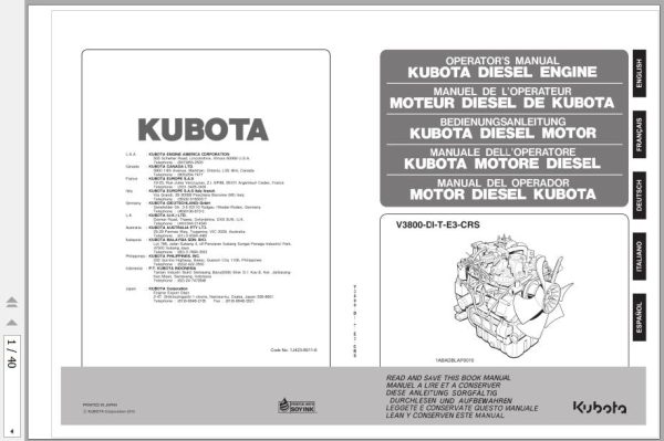 Kubota Diesel Engine V3800 DI T E3 CRS Operators Manual 1J423 8911 6 1 rotated
