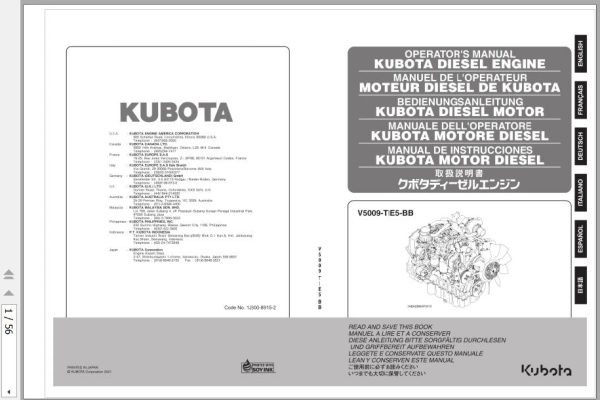 Kubota Diesel Engine V5009 TIE5 BB Operators Manual 1J600 8915 2 1 rotated