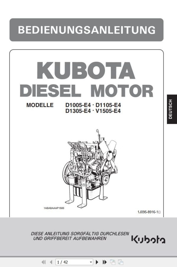 Kubota Engine D1005 E4 to V1505 E4 Operators Manual and Wiring Diagram DE 1