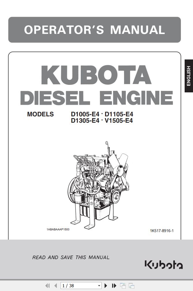 Kubota Engine D1005 E4 to V1505 E4 Operators Manual and Wiring Diagram EN 1