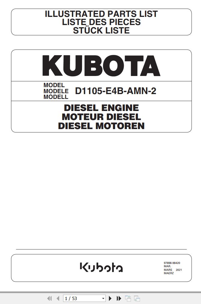 Kubota Engine D1105 E4B AMN 2 Illustrated Parts List 1