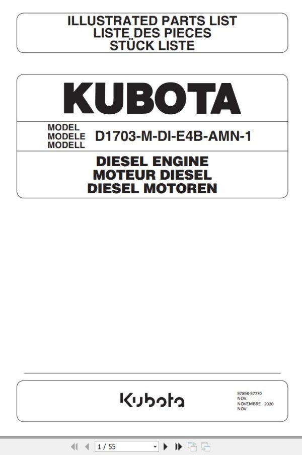 Kubota Engine D1703 M DI E4B AMN 1 Illustrated Parts List 1