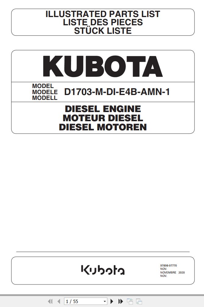 Kubota Engine D1703 M DI E4B AMN 1 Illustrated Parts List 1