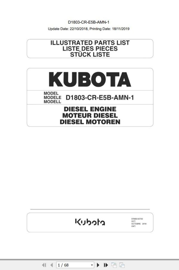 Kubota Engine D1803 CR E5B AMN 1 Illustrated Parts List 1