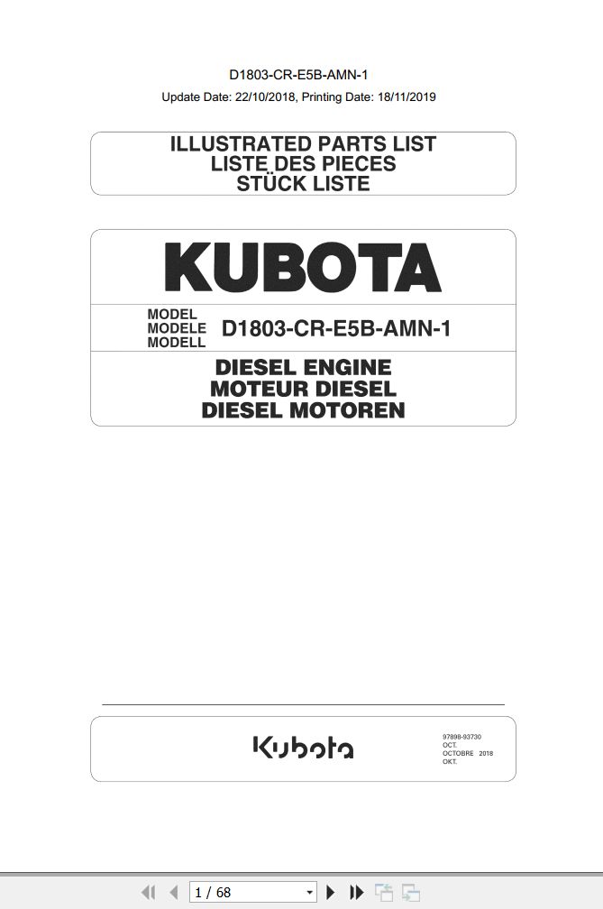 Kubota Engine D1803 CR E5B AMN 1 Illustrated Parts List 1