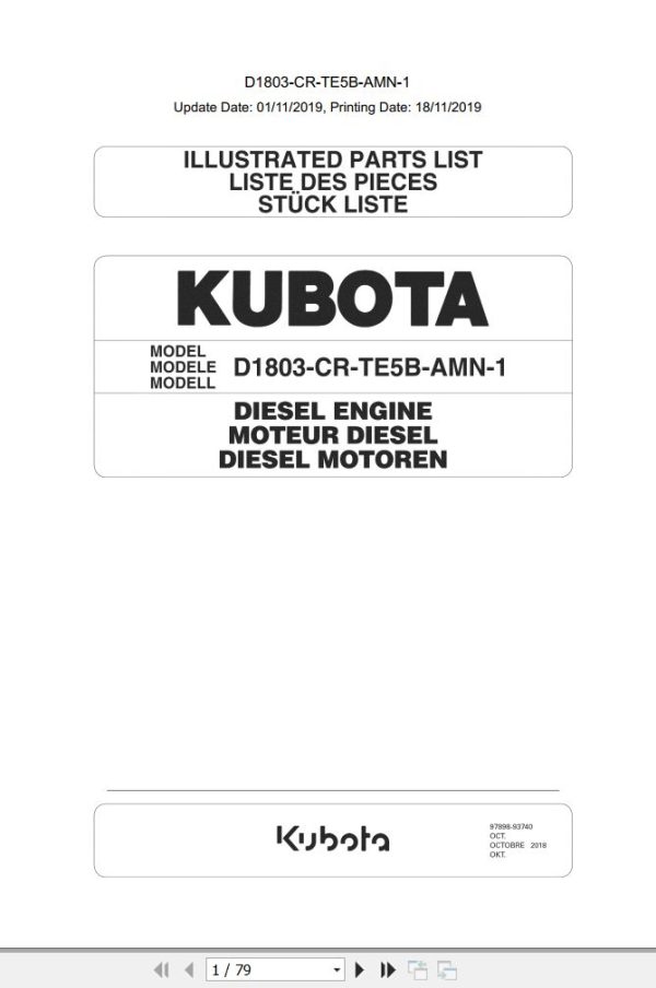 Kubota Engine D1803 CR TE5B AMN 1 Illustrated Parts List 1