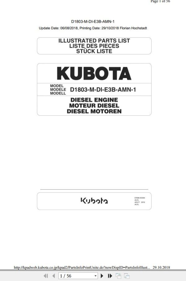 Kubota Engine D1803 M D E3B AMN 1 Illustrated Parts List 1