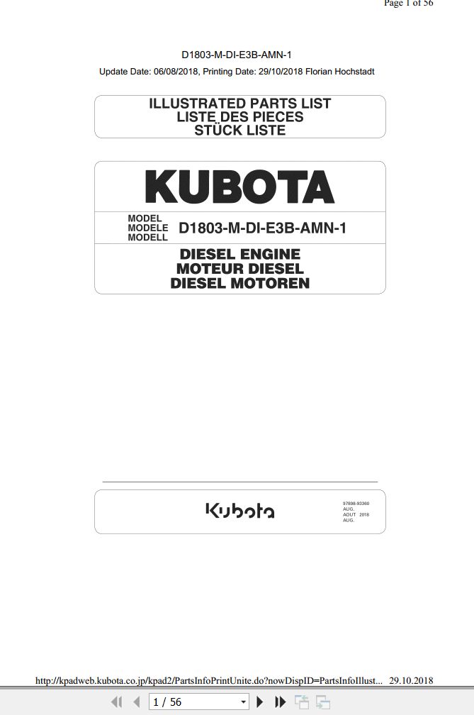 Kubota Engine D1803 M D E3B AMN 1 Illustrated Parts List 1