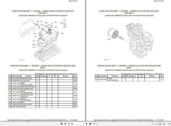 Kubota Engine D1803 M D E3B AMN 1 Illustrated Parts List 2
