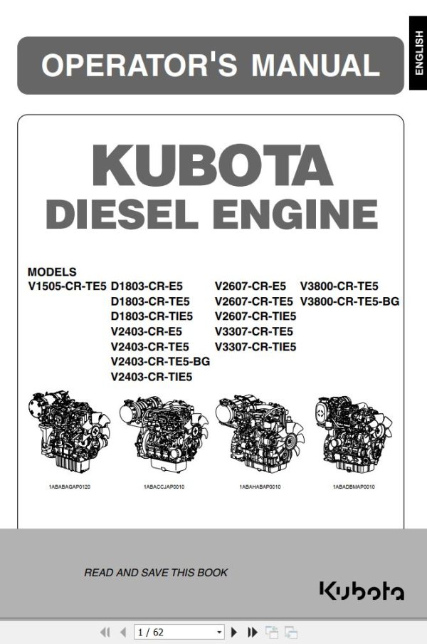 Kubota Engine V1505 CR TE5 to V3800 CR TE5 BG Operators Manual 1