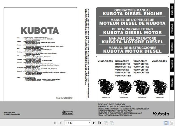 Kubota Engine V1505 CR TE5 to V3800 CR TE5 Operators Manual 2018 EN 1