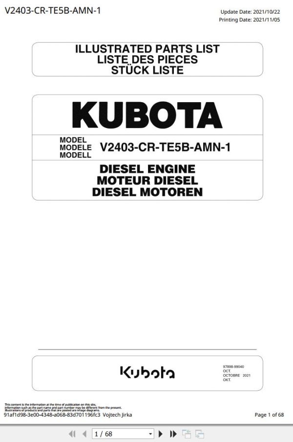Kubota Engine V2403 CR TE5B AMN 1 Illustrated Parts List 1