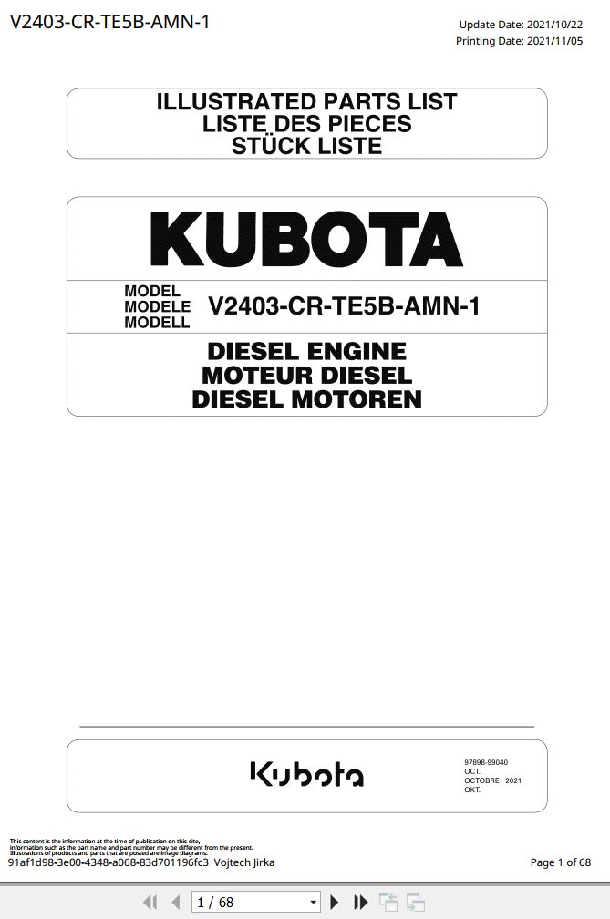 Kubota Engine V2403 CR TE5B AMN 1 Illustrated Parts List 1