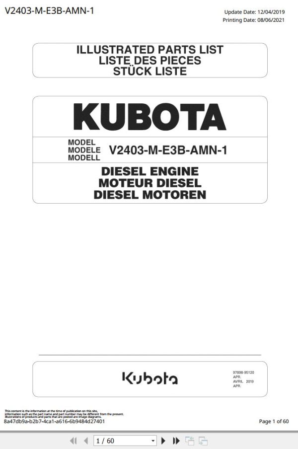 Kubota Engine V2403 M E3B AMN 1 Illustrated Parts List 1