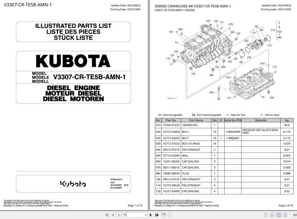Kubota Engine V3307 CR TE5B AMN 1 Illustrated Parts List 1