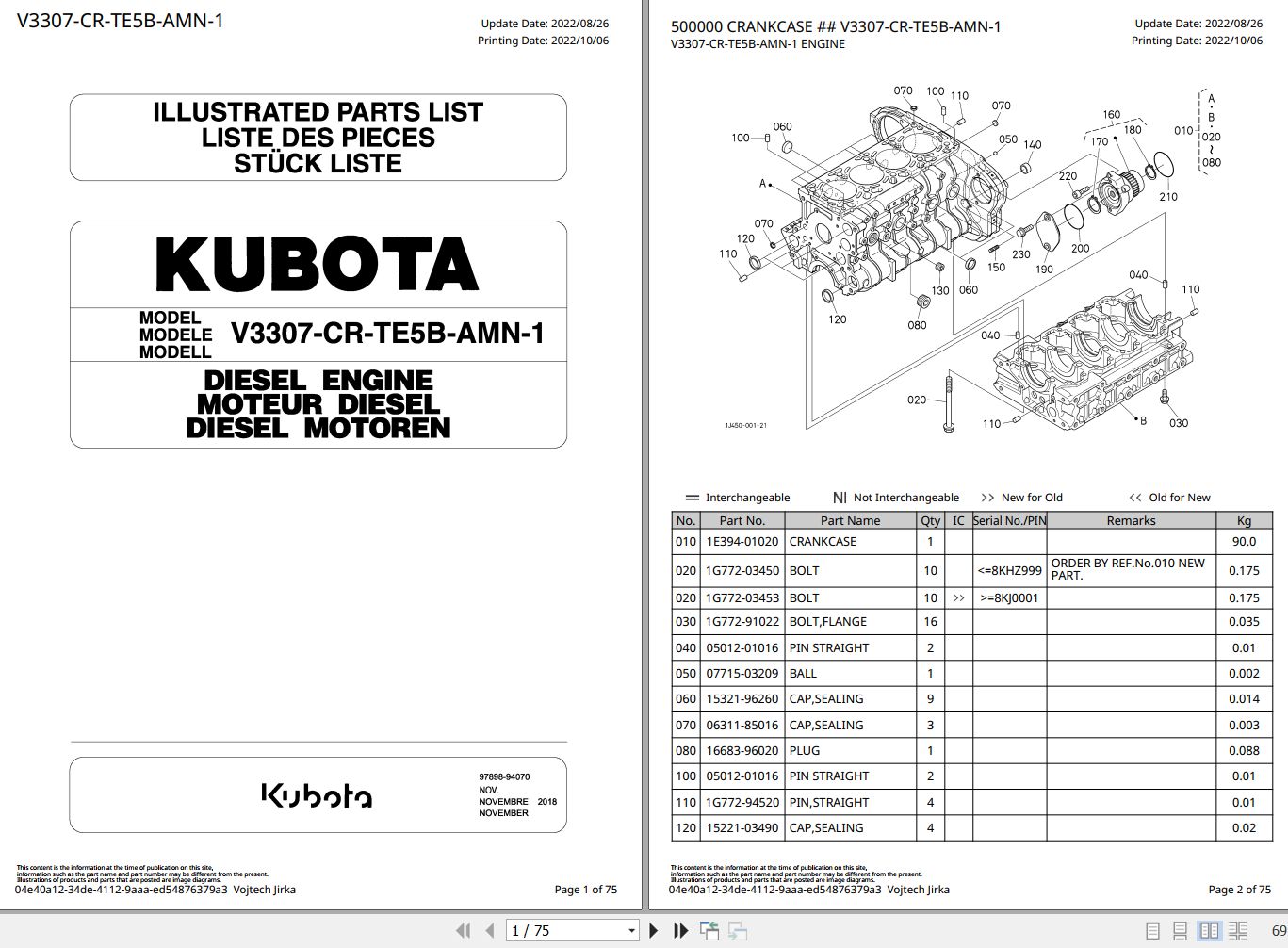 Kubota Engine V3307 CR TE5B AMN 1 Illustrated Parts List 1