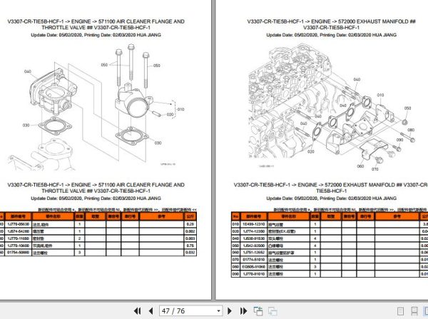 Kubota Engine V3307 CR TIE5B HCF 1 Parts List 2020 ZH 2