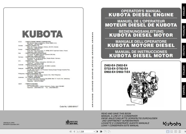Kubota Engine Z482 E4 to D902 T E4 Operators Manual And Wiring Diagram 1