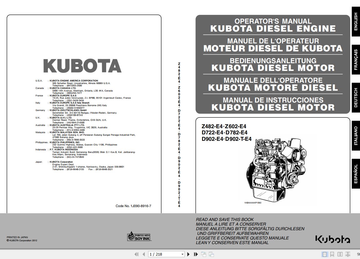 Kubota Engine Z482 E4 to D902 T E4 Operators Manual And Wiring Diagram 1
