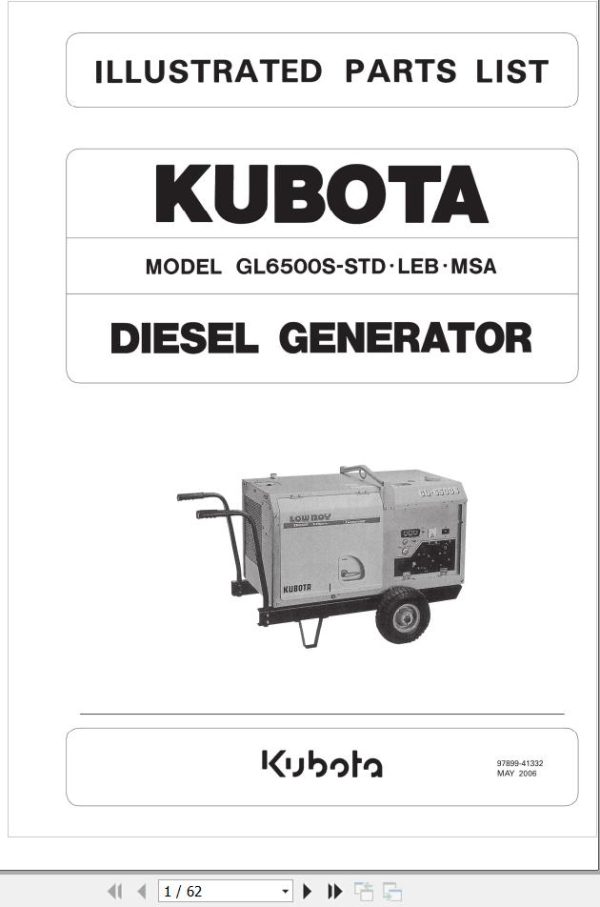 Kubota Generator GL6500S STD GL6500S LEB GL6500S MSA Parts Catalog 97899 41332 1
