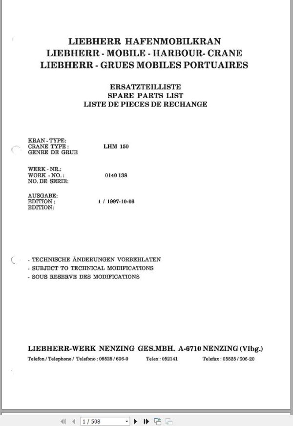 Liebherr Crane MHL 150 Parts Operators Manual and Diagram 1