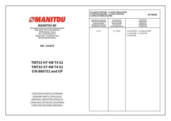 Manitou TMT 55 HT 55 XT 4W T4 S2 TMT55 XT 4W T4 S2 Parts Catalog 647876