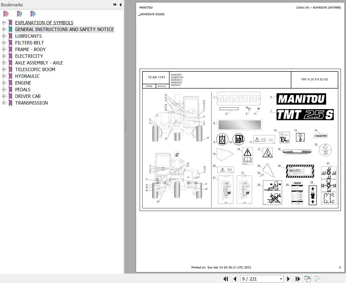 Manitou TMT X 25 S K E3 S2 TMT X 25 S 4W K E3 S2 Parts Catalog 647908