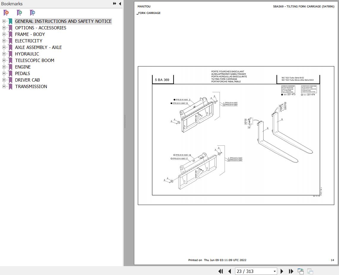 Manitou Telehandler MT 523 SB E2 Parts Catalog 547896