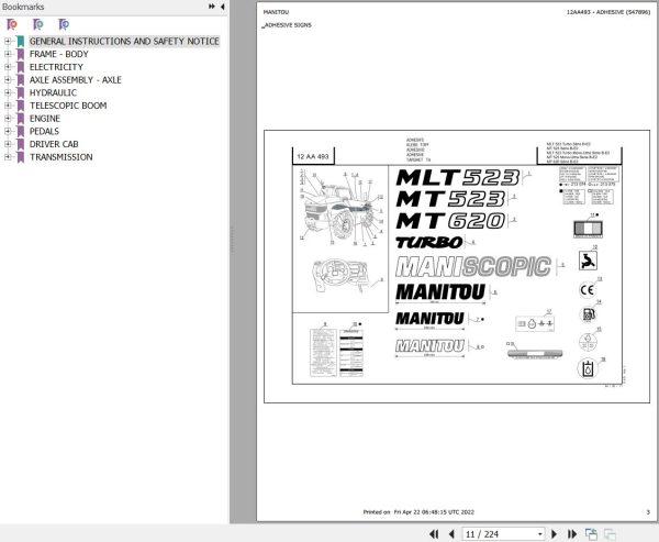 Manitou Telehandler MT 620 SB E2 Parts Catalog 547896