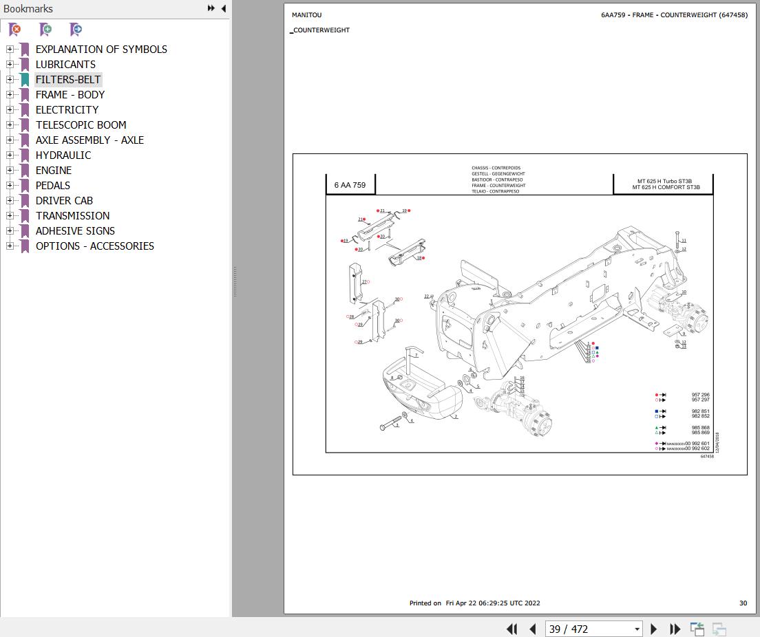 Manitou Telehandler MT 625 H COMFORT ST3B Parts Catalog 647458