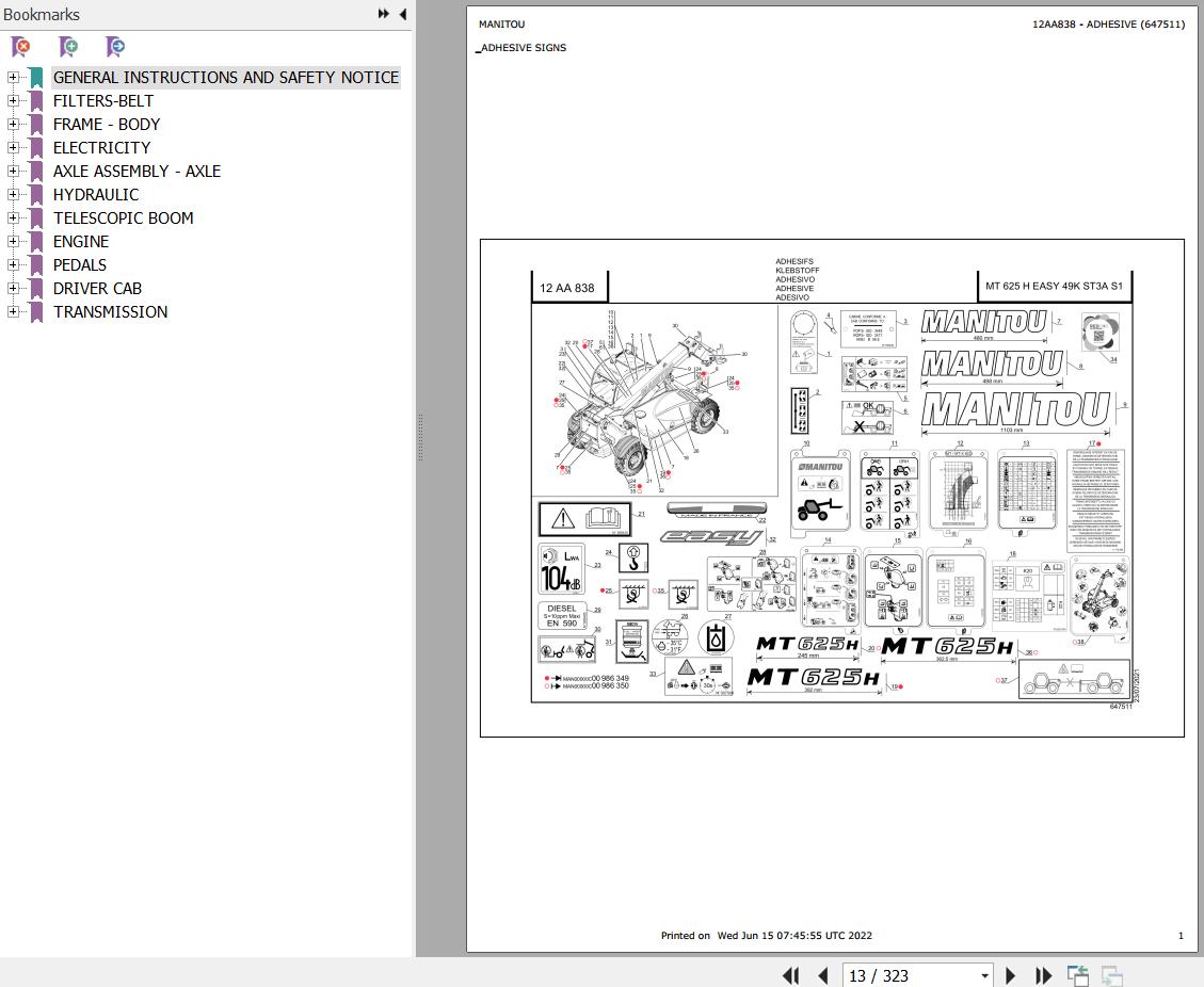 Manitou Telehandler MT 625 H EASY 49 K ST3A S1 Parts Catalog 647511