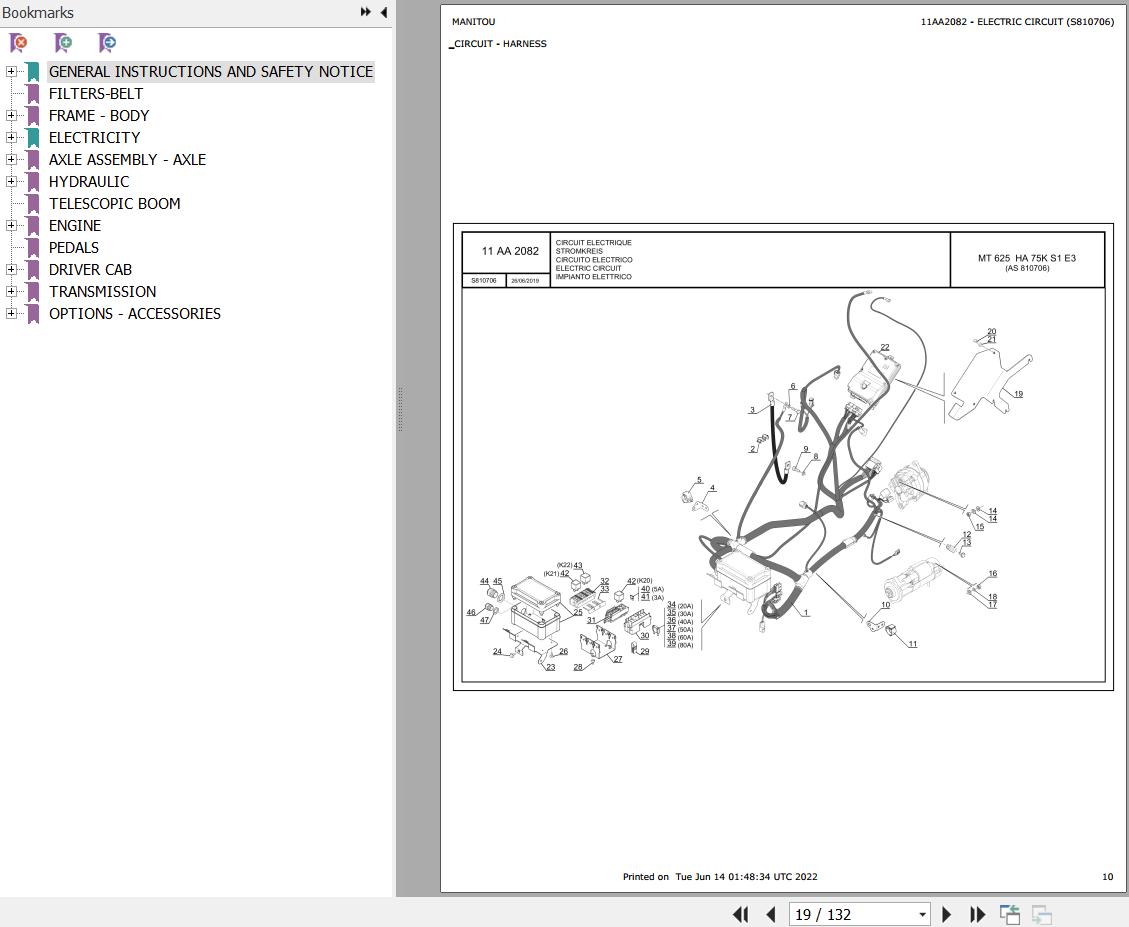 Manitou Telehandler MT 625 HA 75K S1 E3 Parts Catalog