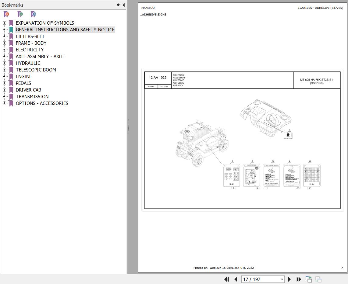 Manitou Telehandler MT 625 HA 75K ST3B S1 Mining Parts Catalog 647765