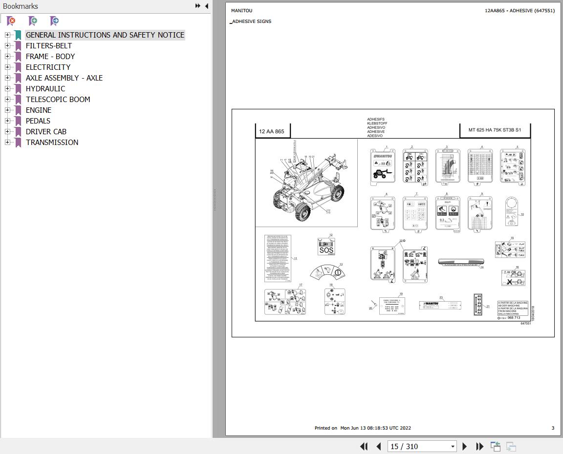 Manitou Telehandler MT 625 HA 75K ST3B S1 Parts Catalog 647551