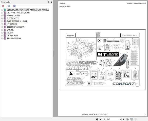 Manitou Telehandler MT 625 TURBO COMFORT S1 E3 Parts Catalog 647037