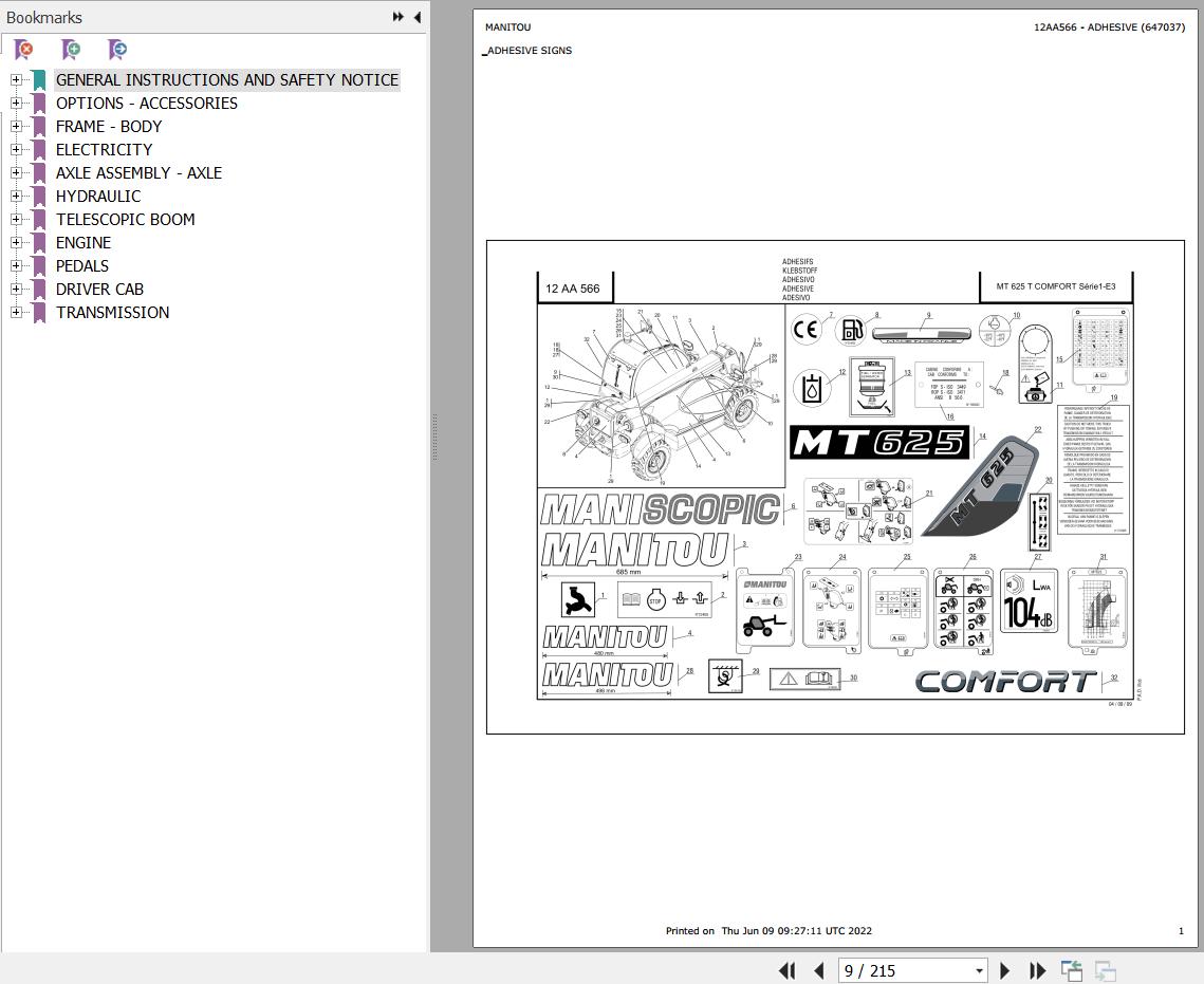 Manitou Telehandler MT 625 TURBO COMFORT S1 E3 Parts Catalog 647037