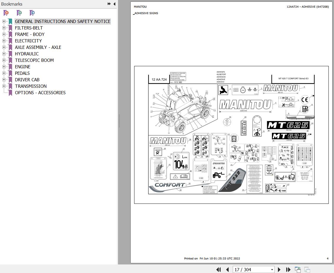 Manitou Telehandler MT 625 TURBO COMFORT S2 E3 Parts Catalog 647208