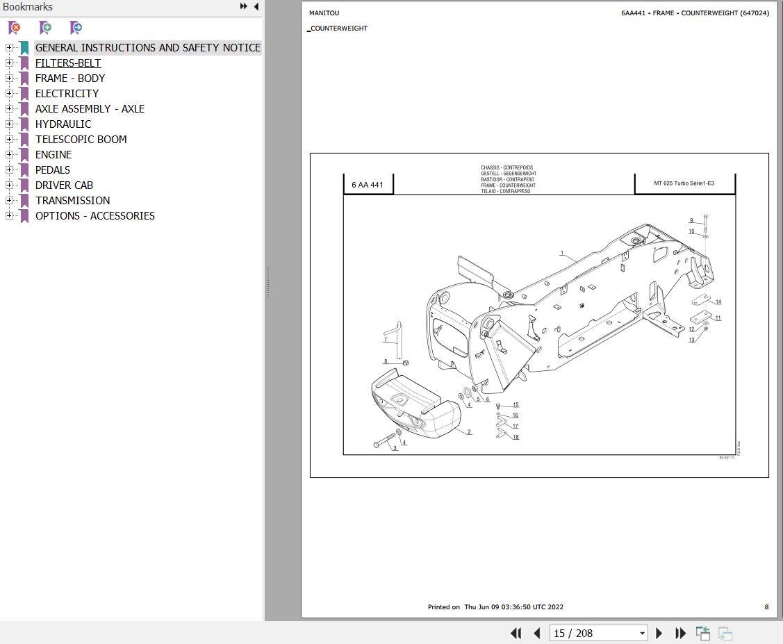 Manitou Telehandler MT 625 TURBO S1 E3 Parts Catalog 647024