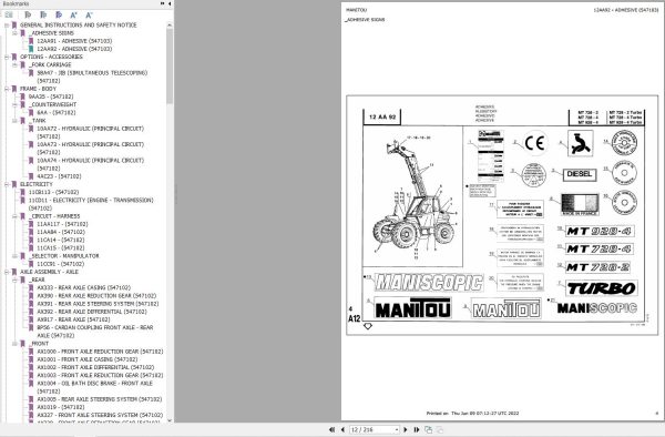 Manitou Telehandler MT 728 2 to MT 928 4 Turbo Parts Catalog 547103